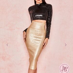 House of CB London Michaela Gold Foil Bandage Super High Waisted Skirt - Size M